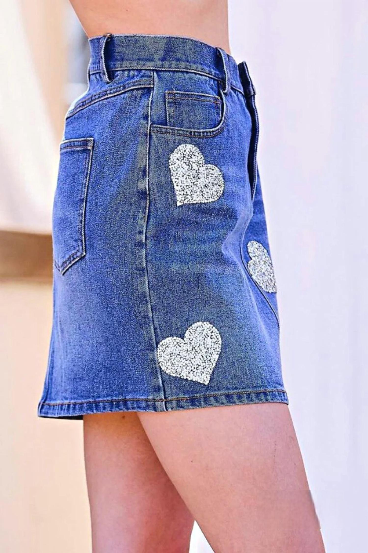 Mainstrip - Abbey Sequined Hearts Denim Mini Skirt