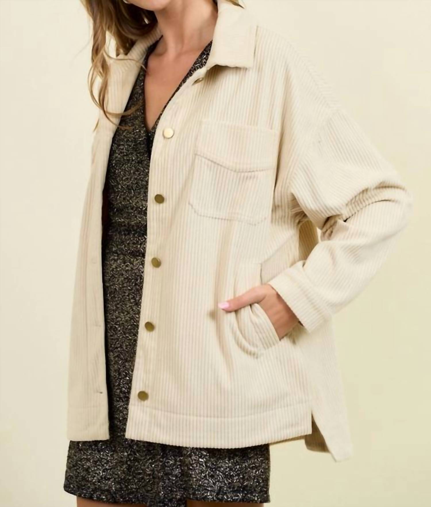 Doe and Rae Corduroy Front Button Down Oversized Jacket in cream - women's jacket - view 4