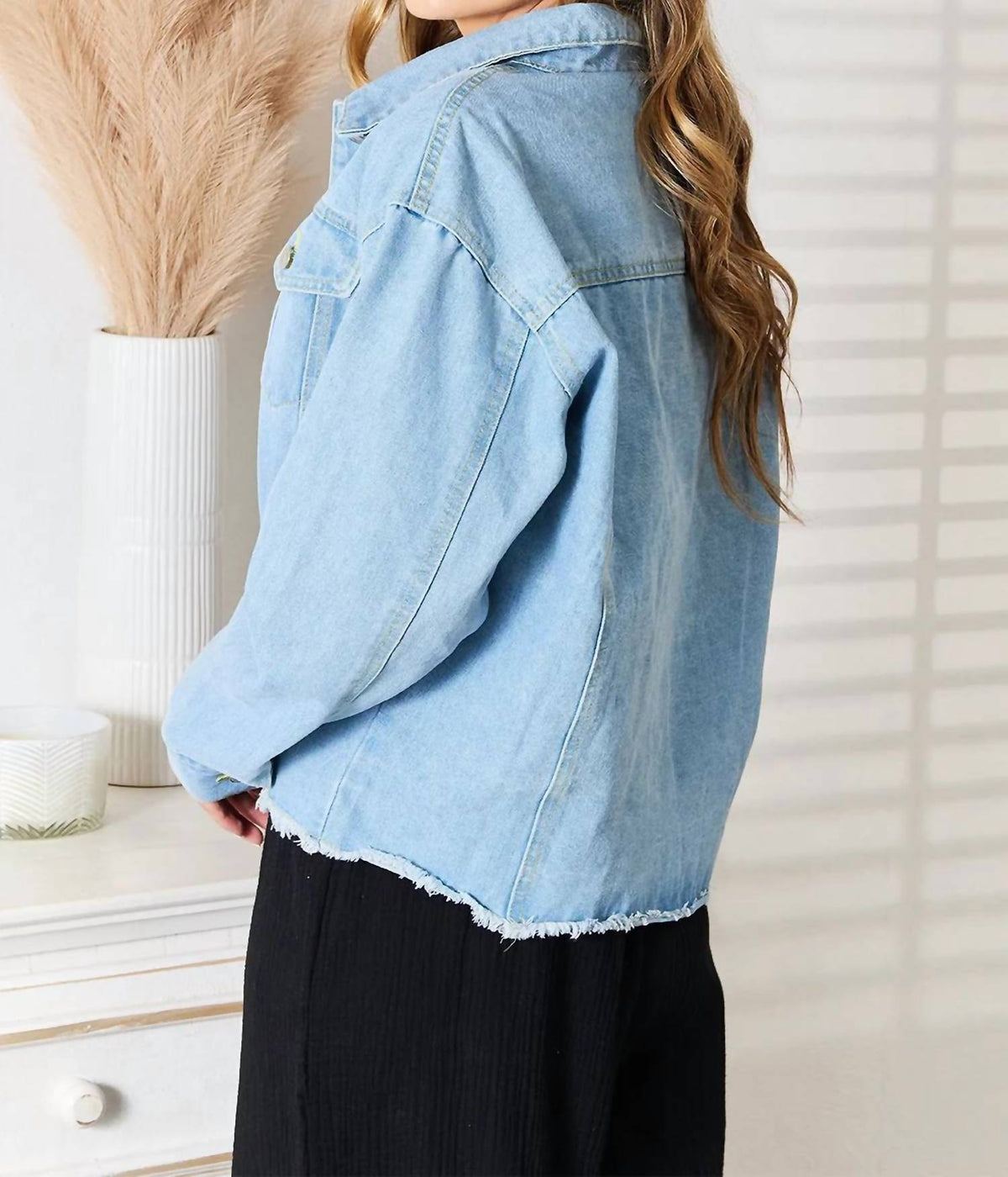 Double Take - Dropped Shoulder Raw Hem Denim Jacket