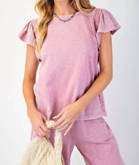 Easel - Washed Wing Sleeve Crochet Trim Top