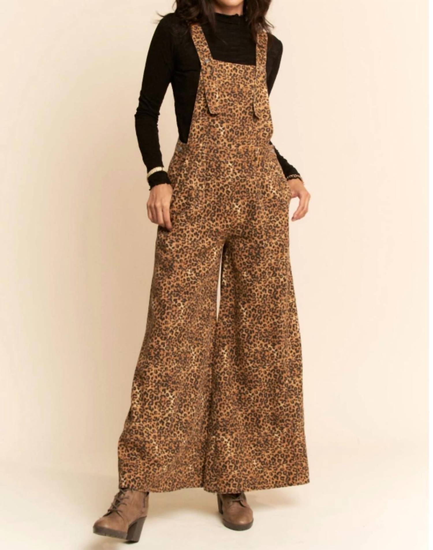 Davi & Dani - Animal Printed Denim Wide Open Leg Overall Pants
