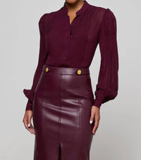 L'Agence Noor Mandarin Pleated Blouse in dark port - women's blouse - detail view