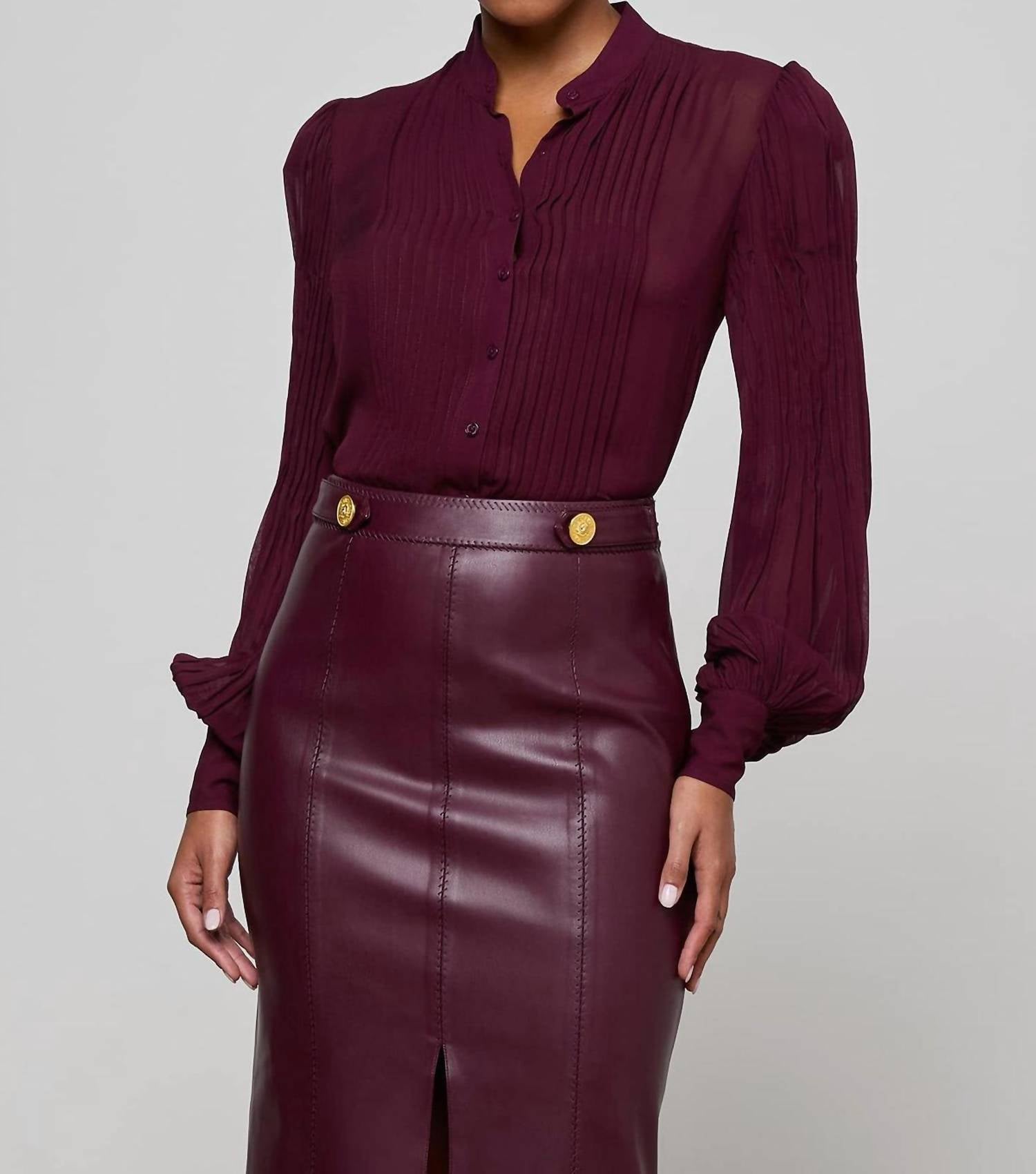L'Agence Noor Mandarin Pleated Blouse in dark port - women's blouse - detail view