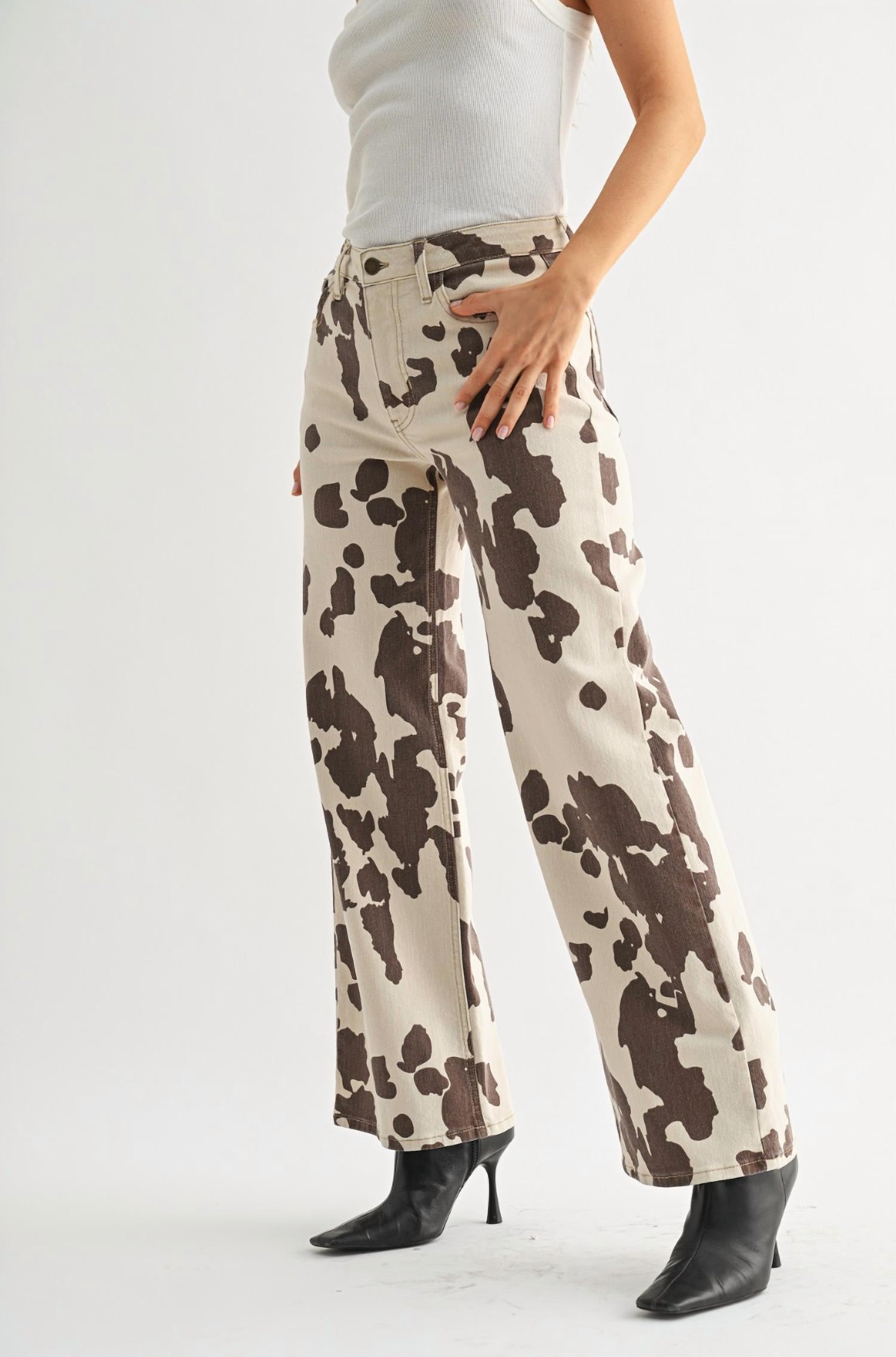 JUST BLACK DENIM Cow Print Wide Leg Jeans - women's pants - detail view