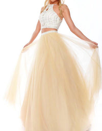 Precious Formals - Two Piece Beaded Halter Evening Gown