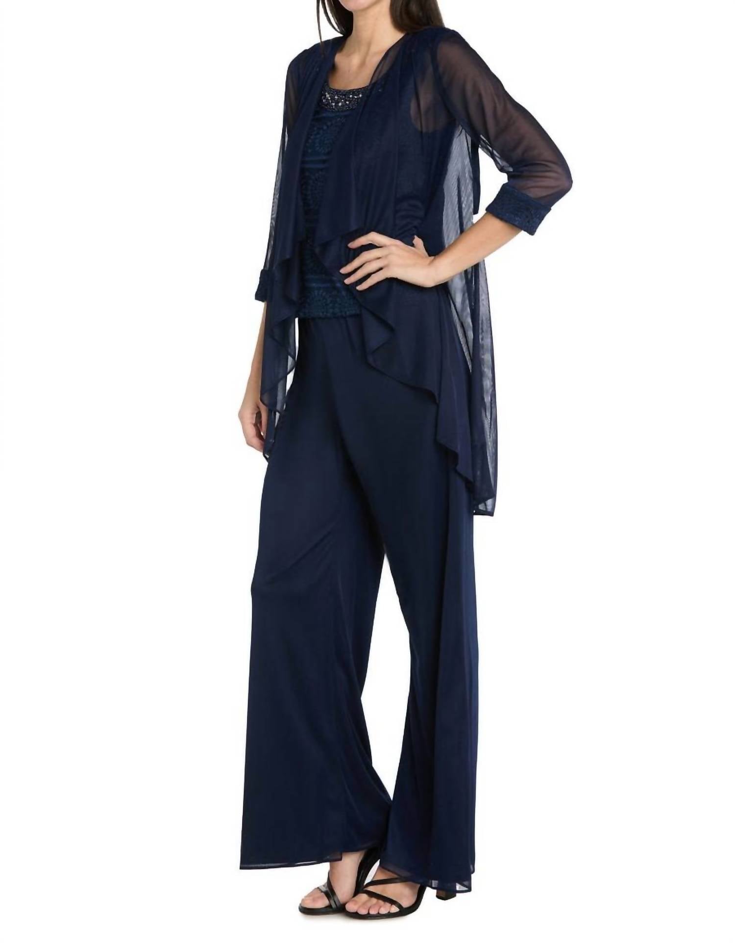 R&M Richards - Glitter Embroidered Pant Suit With Pearl Neckline