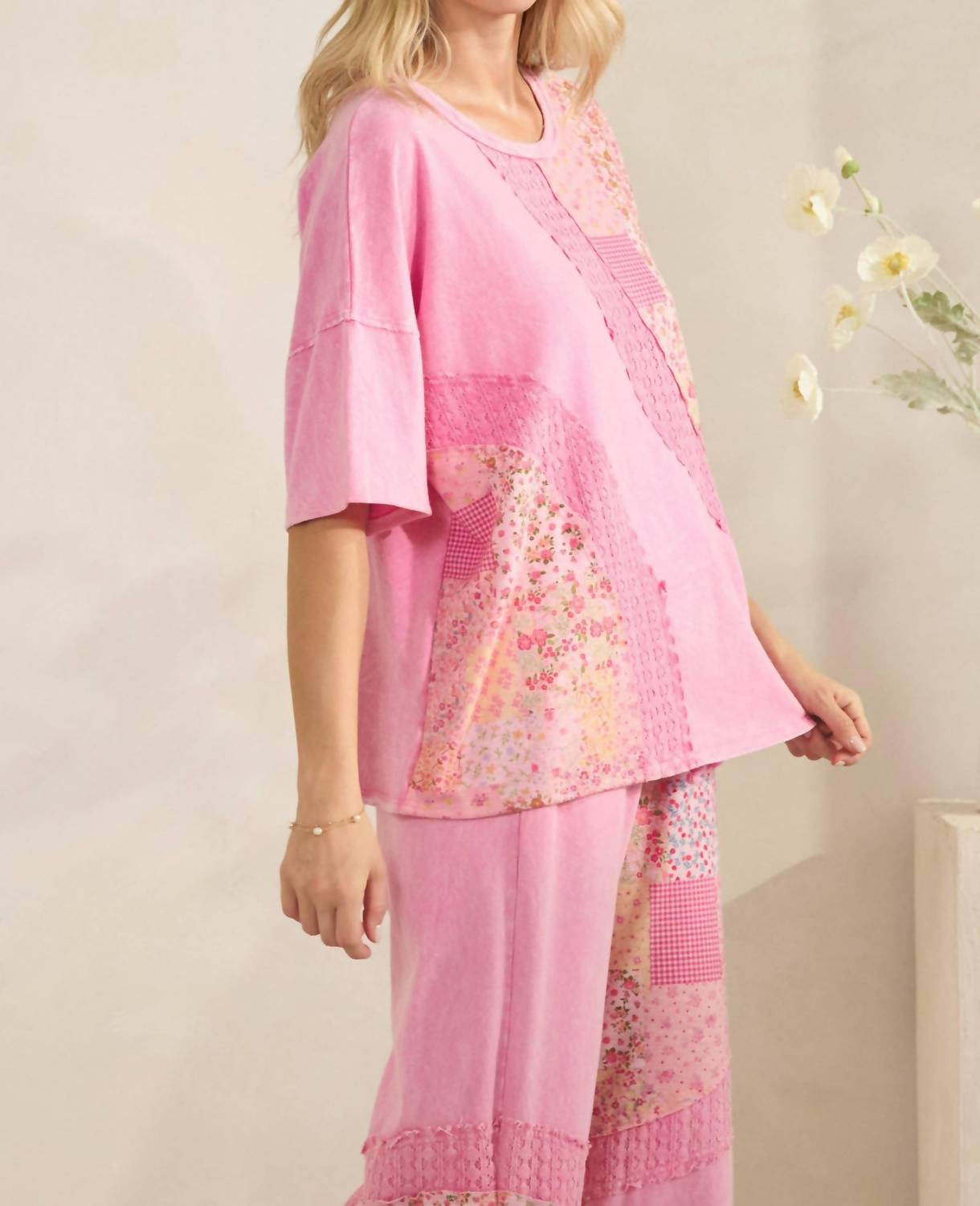 J.Her - Mineral Washed Spring Picnic Print Lace Blouse Top