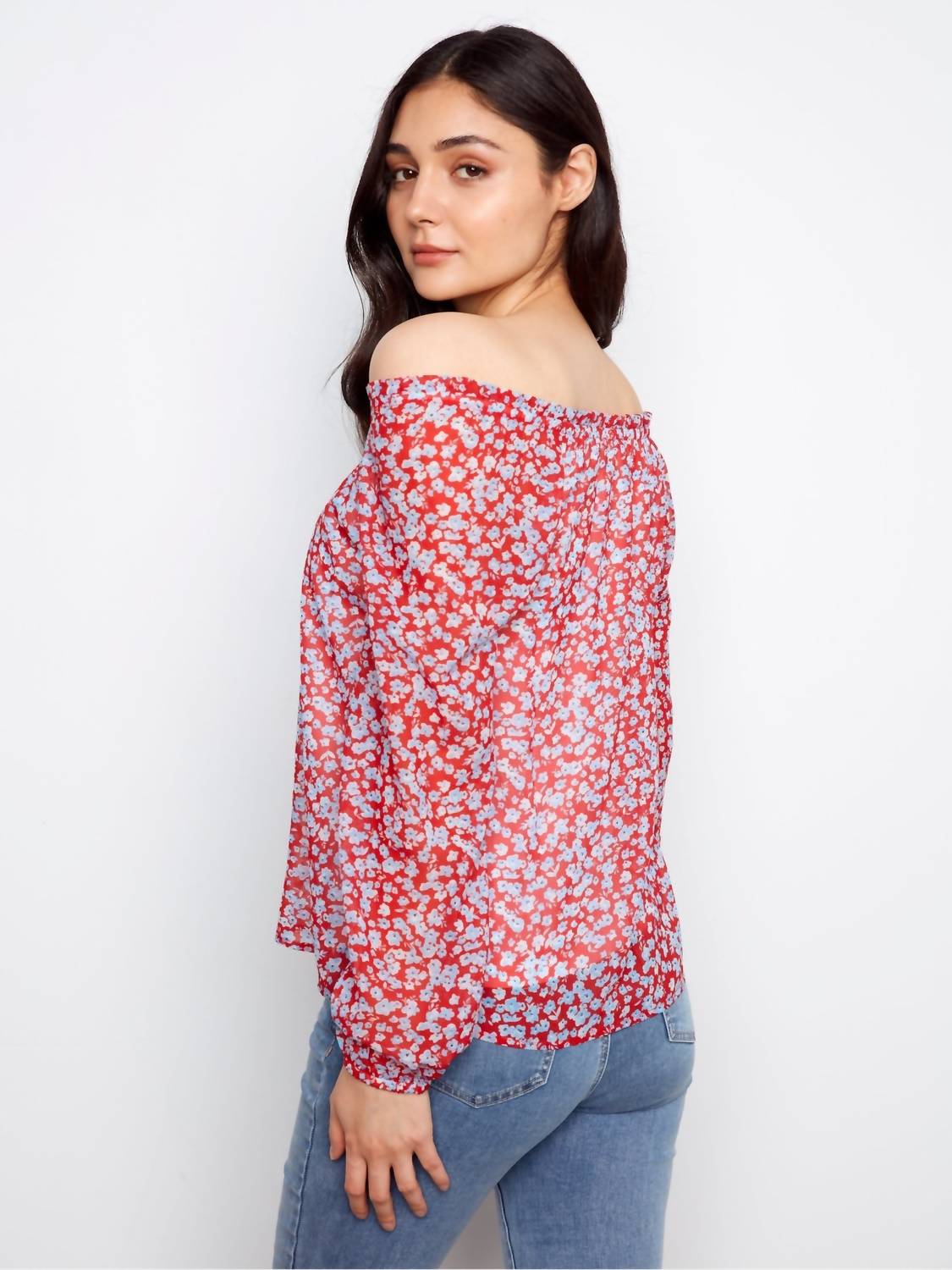 Charlie B - Printed Long Raglan Balloon Sleeve Off Shoulder Blouse