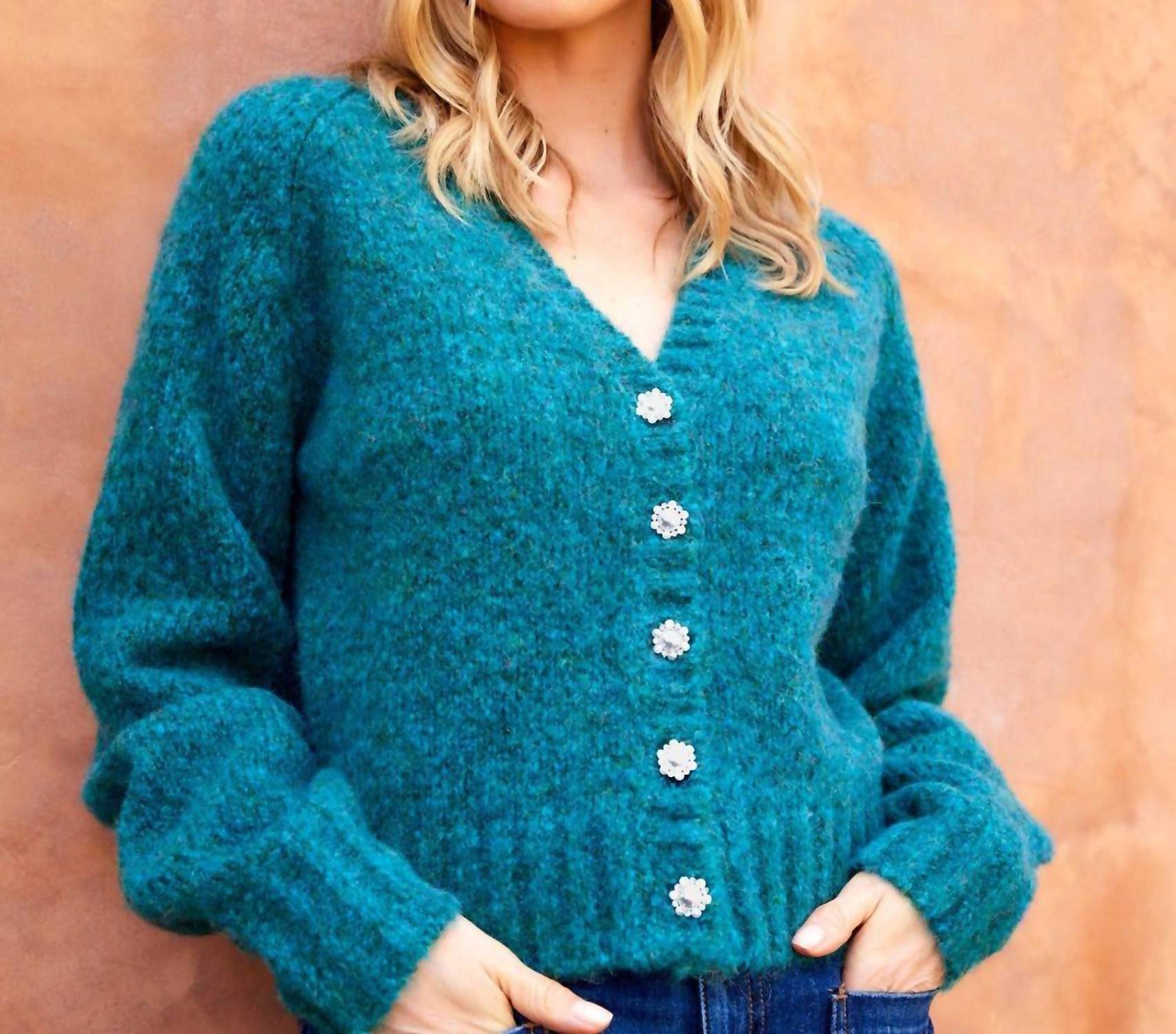 Karen Kane Pearl Button Cardigan Sweater in teal - women's cardigan - view 5