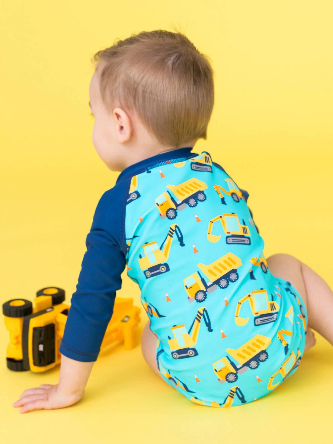 Rufflebutts - Under Construction Long Sleeve One Piece Rash Guard Swimsuit