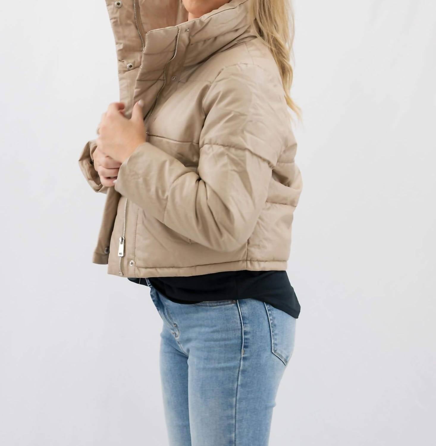 Coalition LA Vegan Leather Puffer Jacket in taupe - women's jacket - view 5