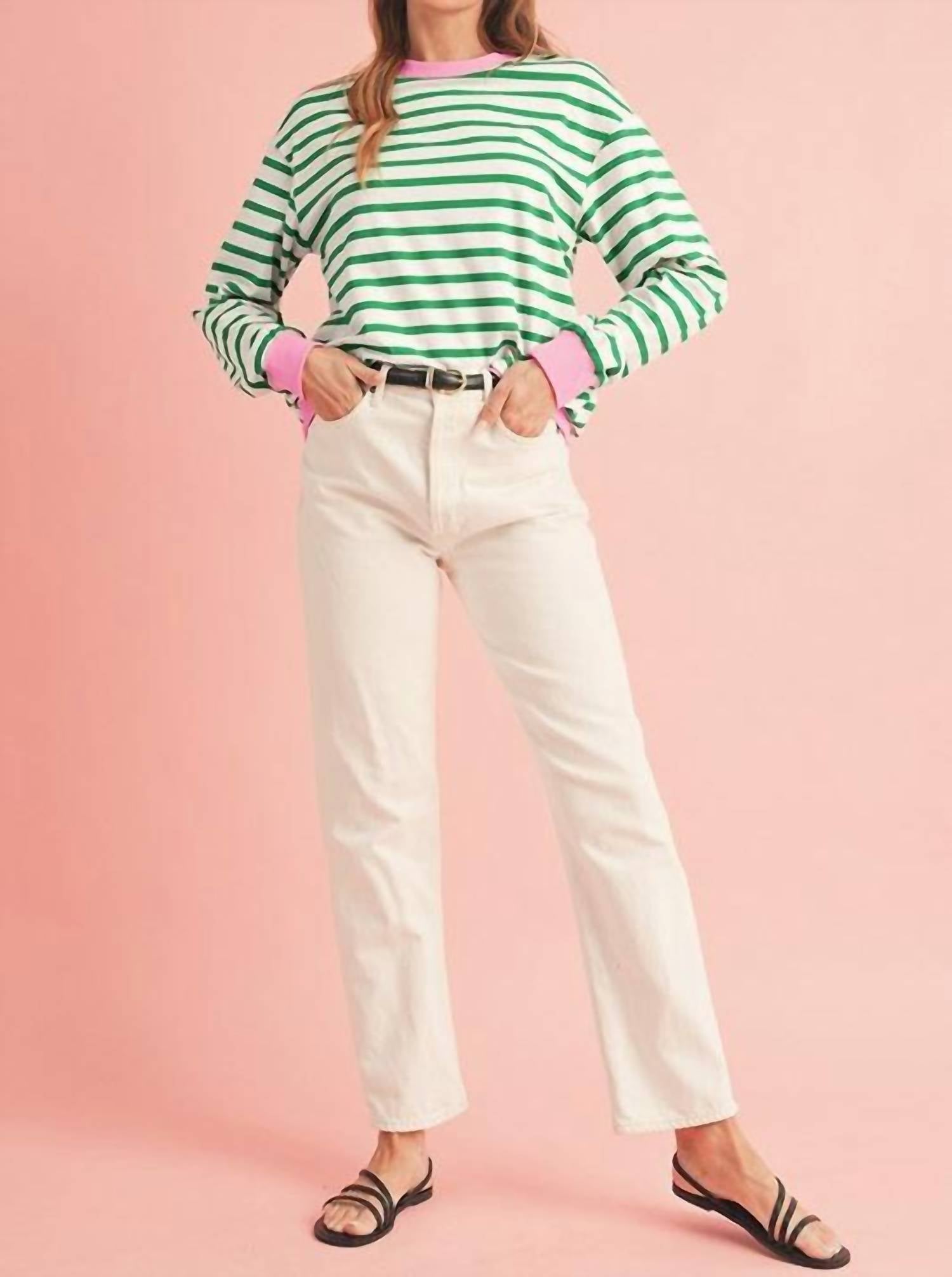 Shewin - Stripe Pullover With Trim Sweatshirt