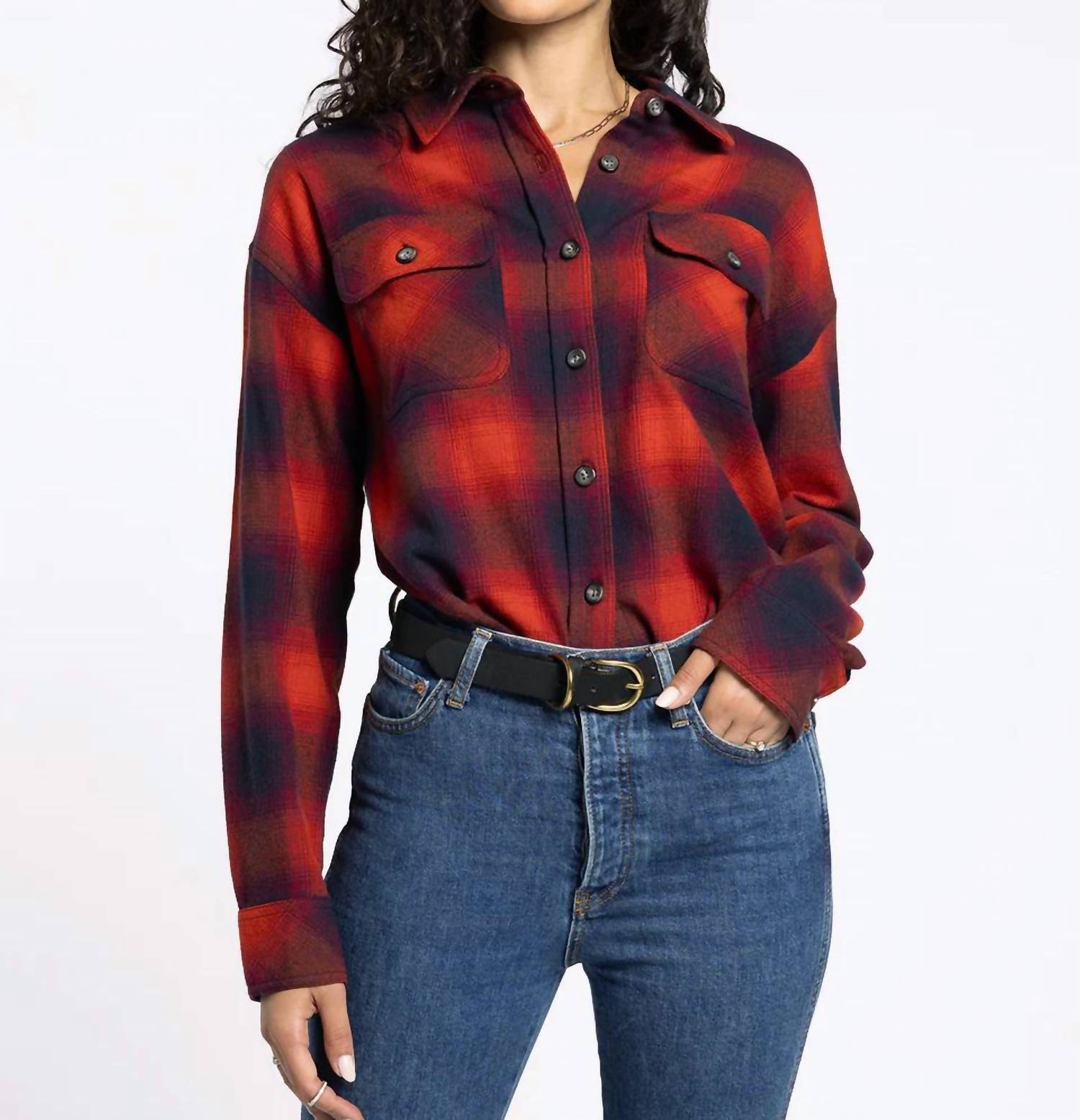 Thread & Supply Elsie Full Button Front Closure Shirt in black tomato plaid - women's shirt - detail view