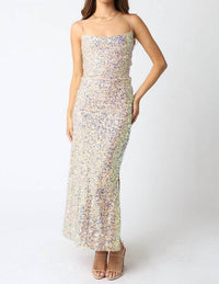 OLIVACEOUS Ariel Mesh Sequin Maxi Formal Dress in beige - women's dress - detail view