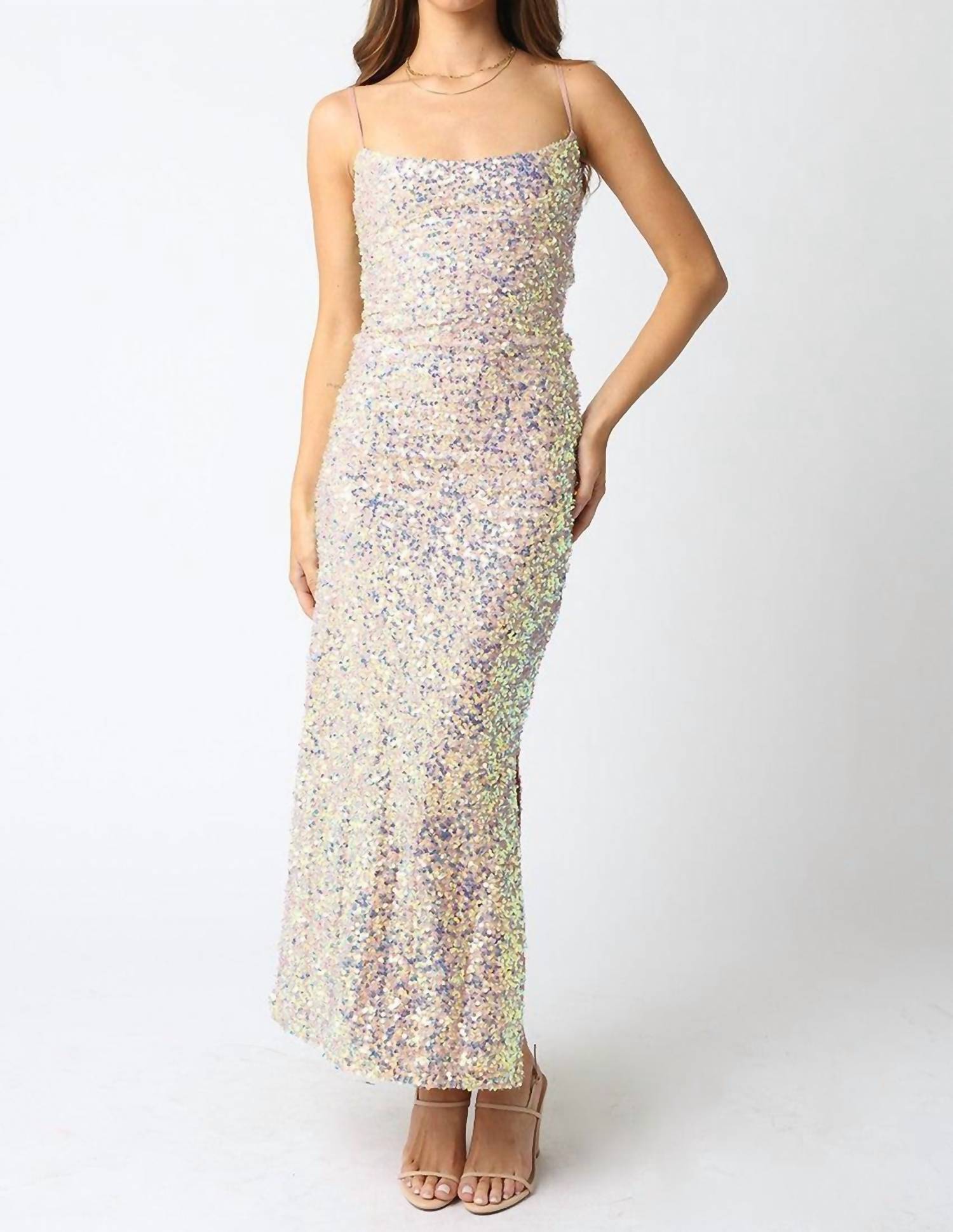 OLIVACEOUS Ariel Mesh Sequin Maxi Formal Dress in beige - women's dress - detail view