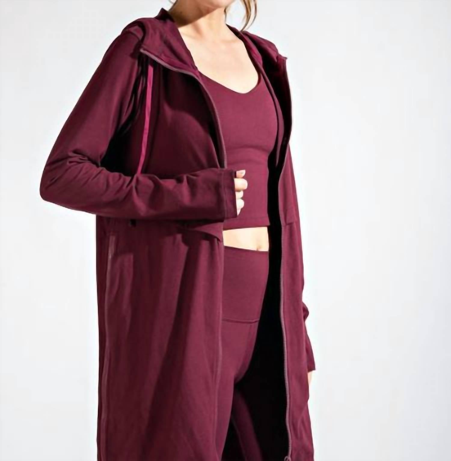 RAE MODE Long Hooded Active Jacket in cassis - women's top - alternate view