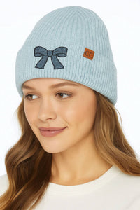Fashion City - Women's Rhinestone Ribbon Bow Embellishment Beanie