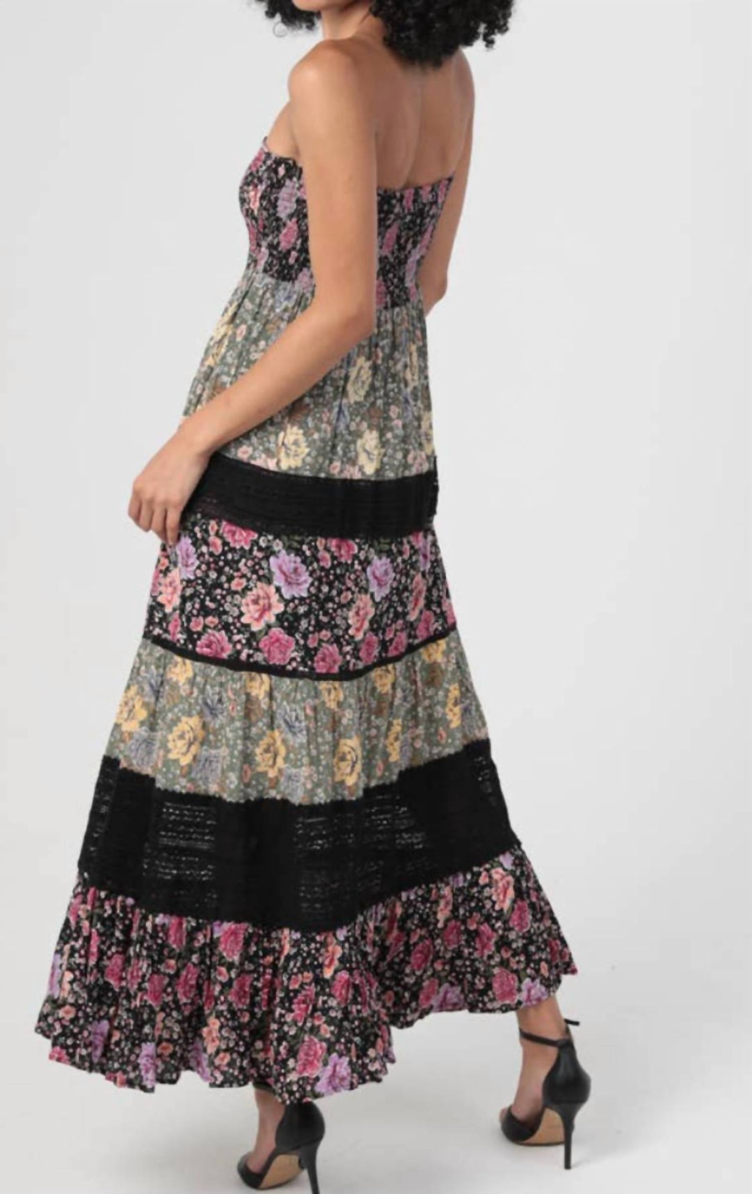 ANGIE Women's Lace Trim Smocked Bodice Maxi Dress in mixed print - women's dress - alternate view