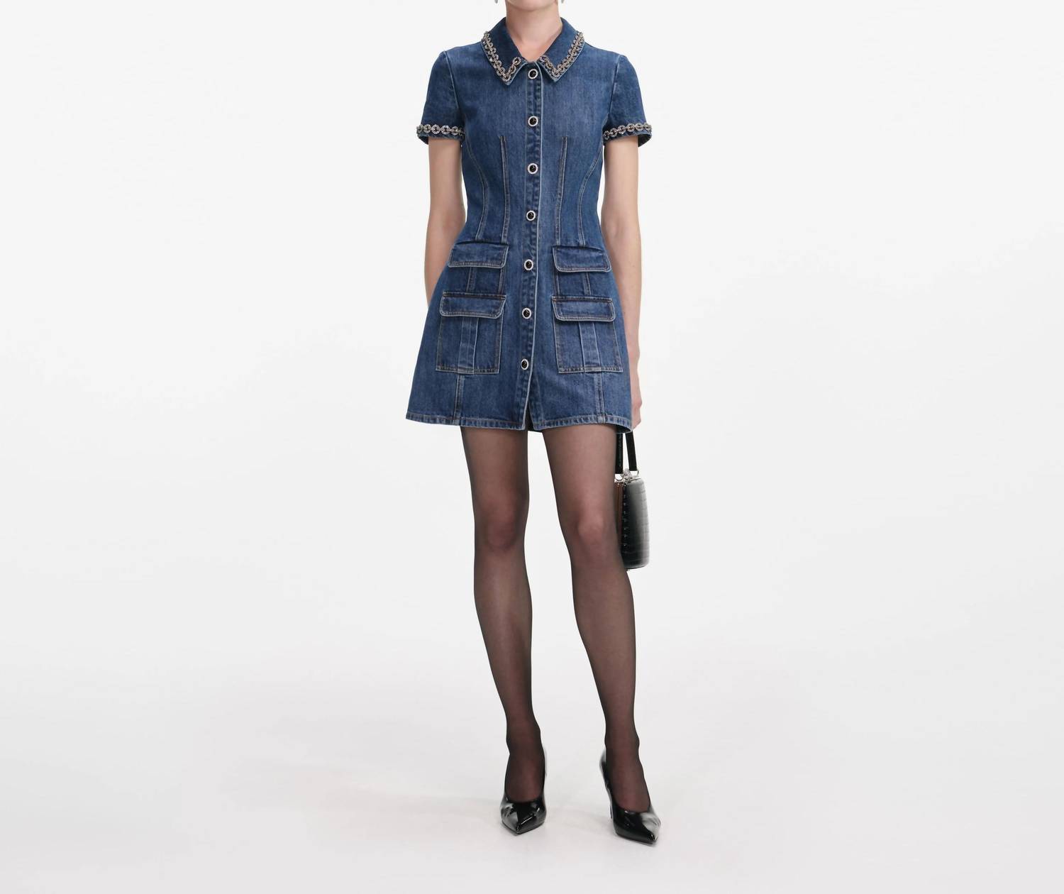 Self-Portrait - Denim Crystal Trim Collared Mini Dress