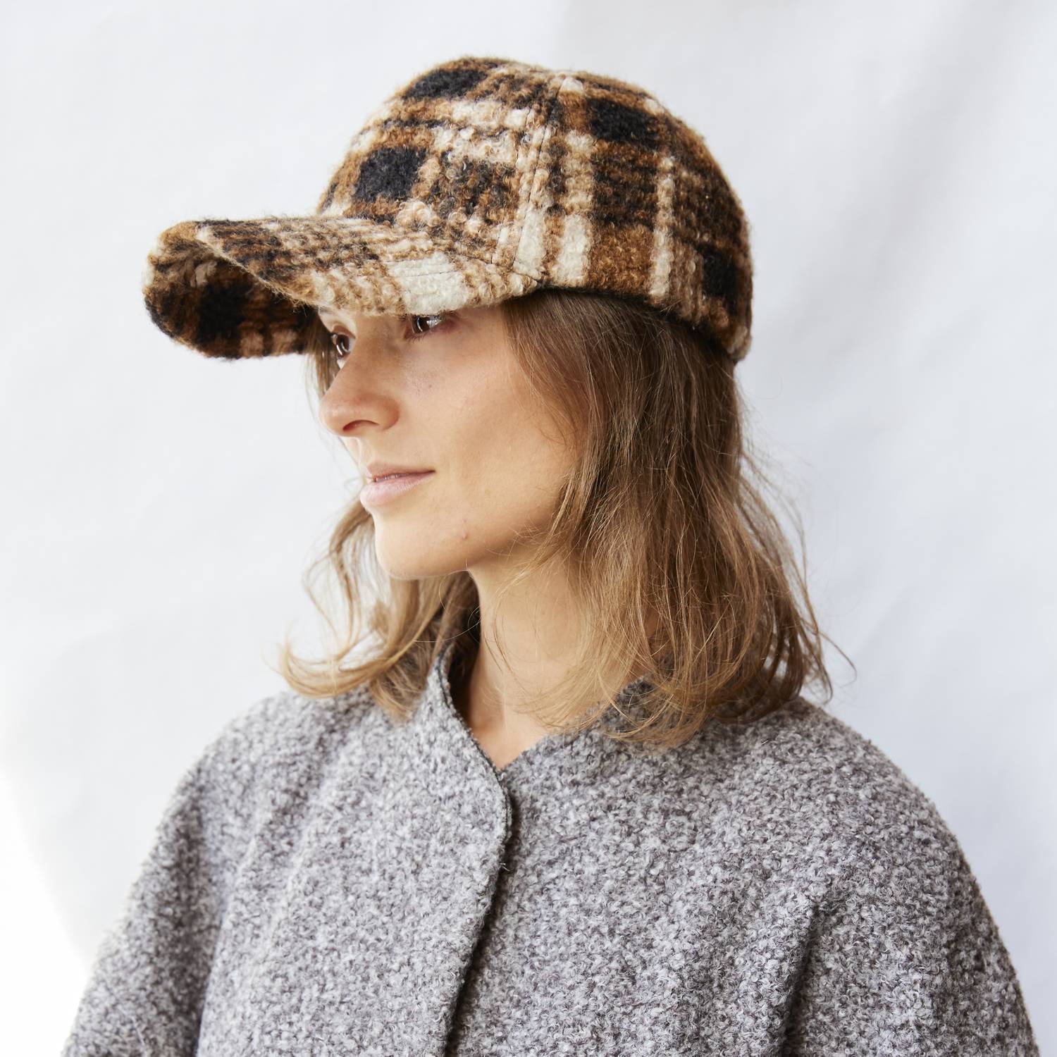 Hat Attack Novelty Sherpa Cap in brown plaid - women's hat - alternate view