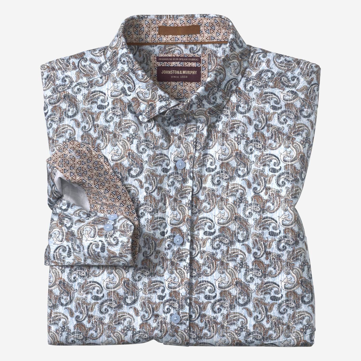 JOHNSTON & MURPHY Men's Printed Cotton Long Sleeve Shirt in blue multi paisley - men's shirt