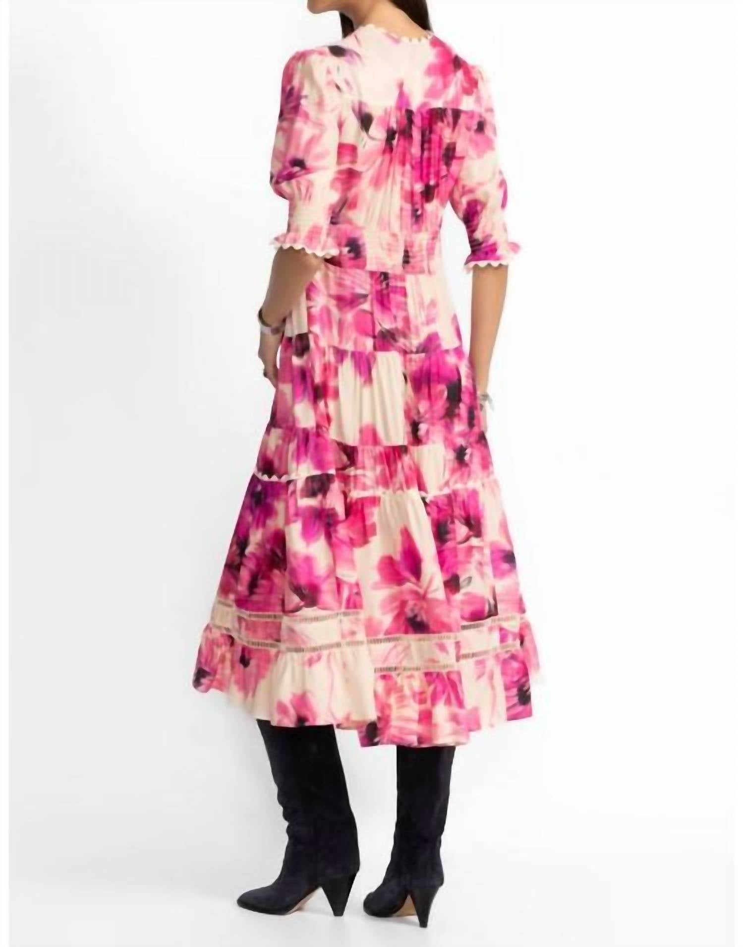 Johnny Was Women's Daphne Tea Length Dress in Pink, Size Large, Floral