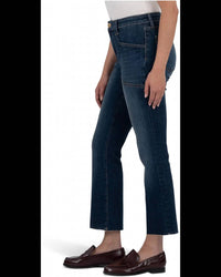 KUT FROM THE KLOTH Kelsey High Rise Flare Front Pockets Inset Raw Hem Jean in precocious - women's jeans - detail view