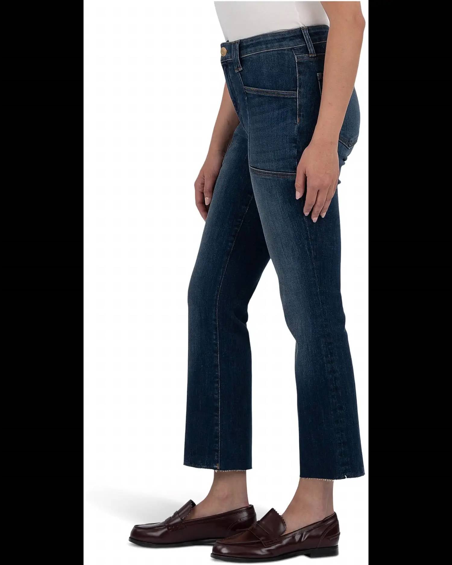 KUT FROM THE KLOTH Kelsey High Rise Flare Front Pockets Inset Raw Hem Jean in precocious - women's jeans - detail view