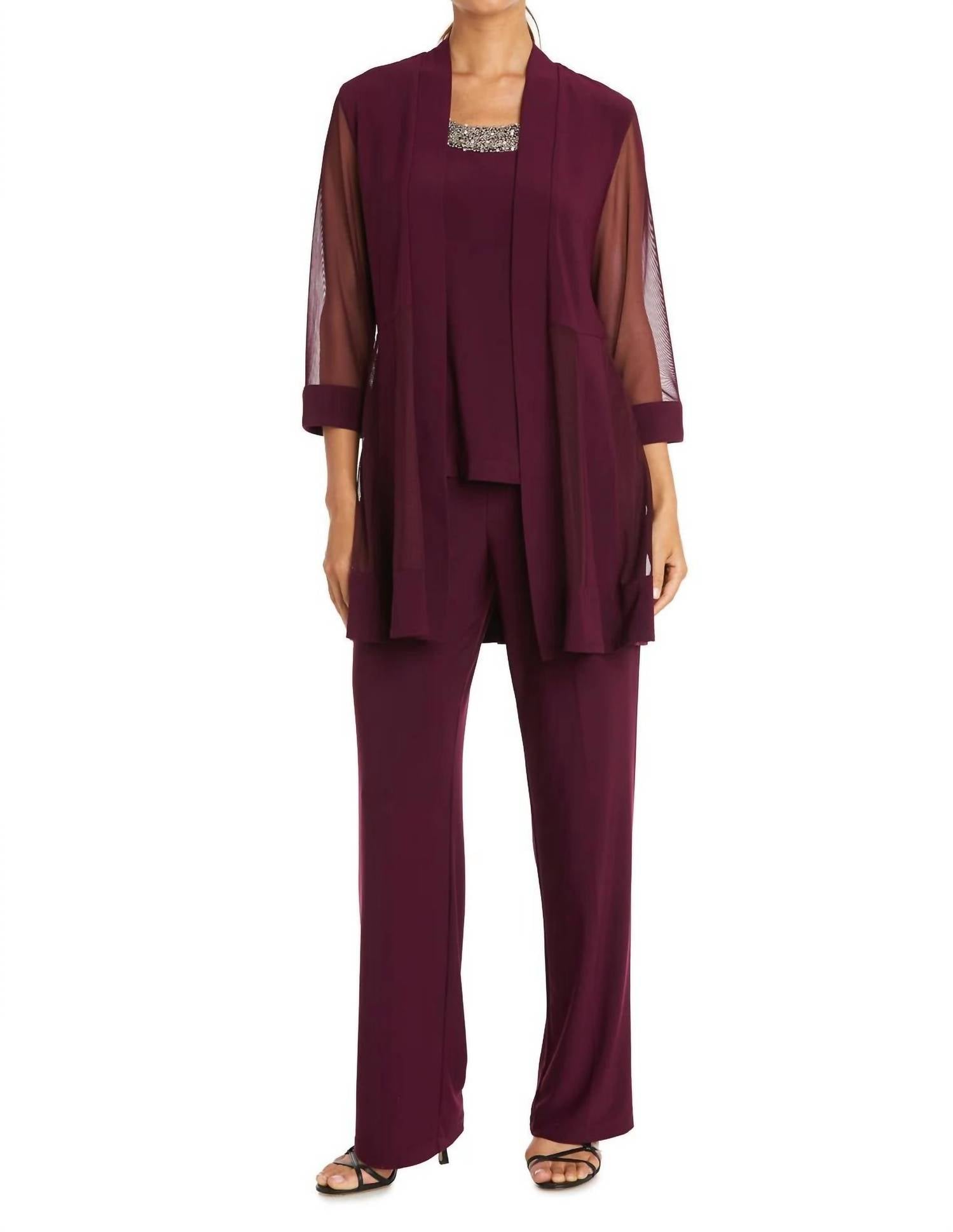 R&M Richards - Pants Suit Sleeveless Top With Soft-cut Draped Lapel Mesh Jacket Set