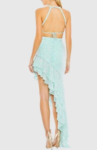MAC DUGGAL Sequined Halter Cut Out Ruffle Asymmetrical Dress Gown in aqua - women's dress - detail view