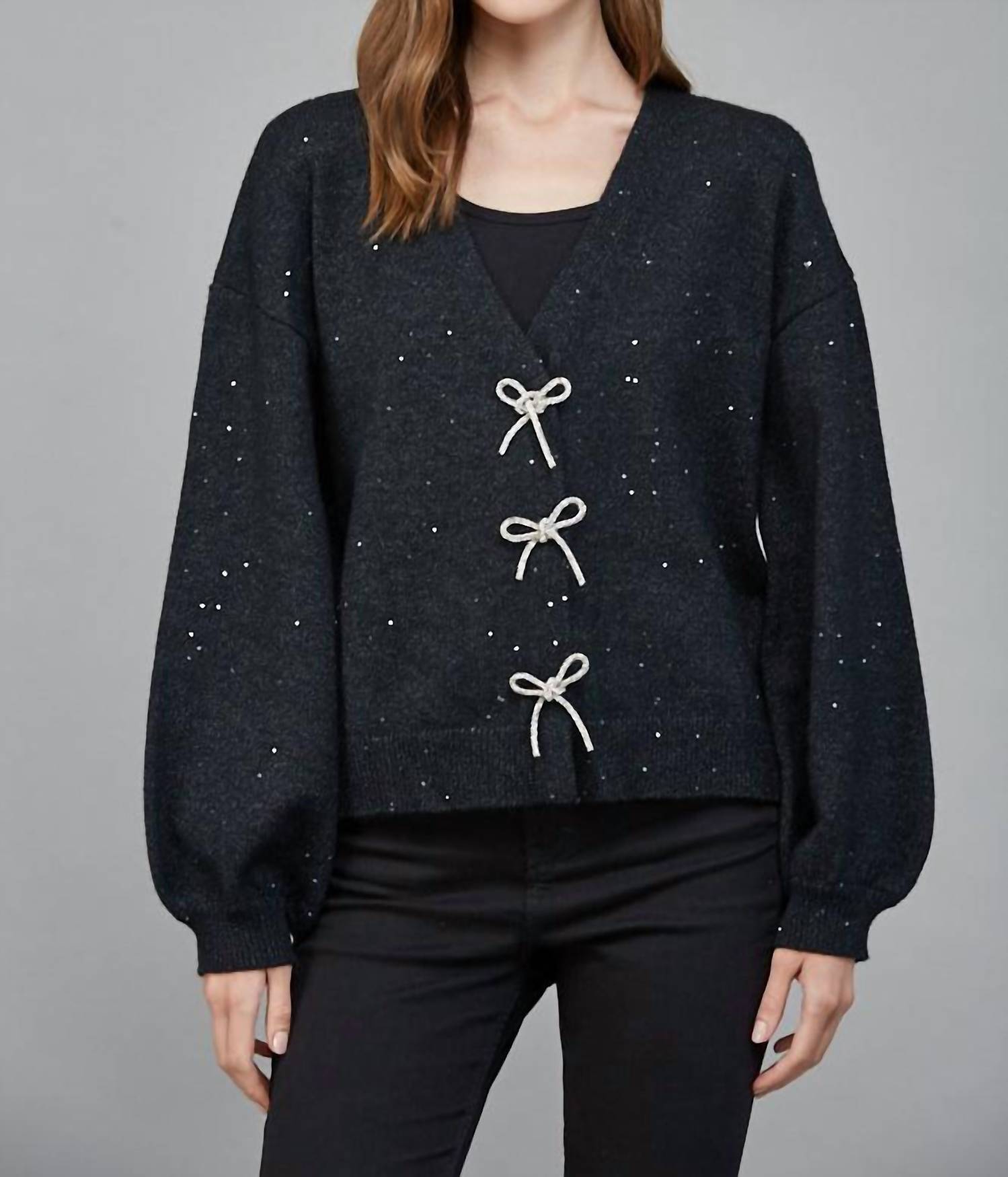 Fate - Rhinestone Bow Sequin Cardigan Sweater