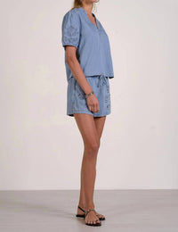 Elan - Short Sleeve Open Work Sleeves V-neck Top