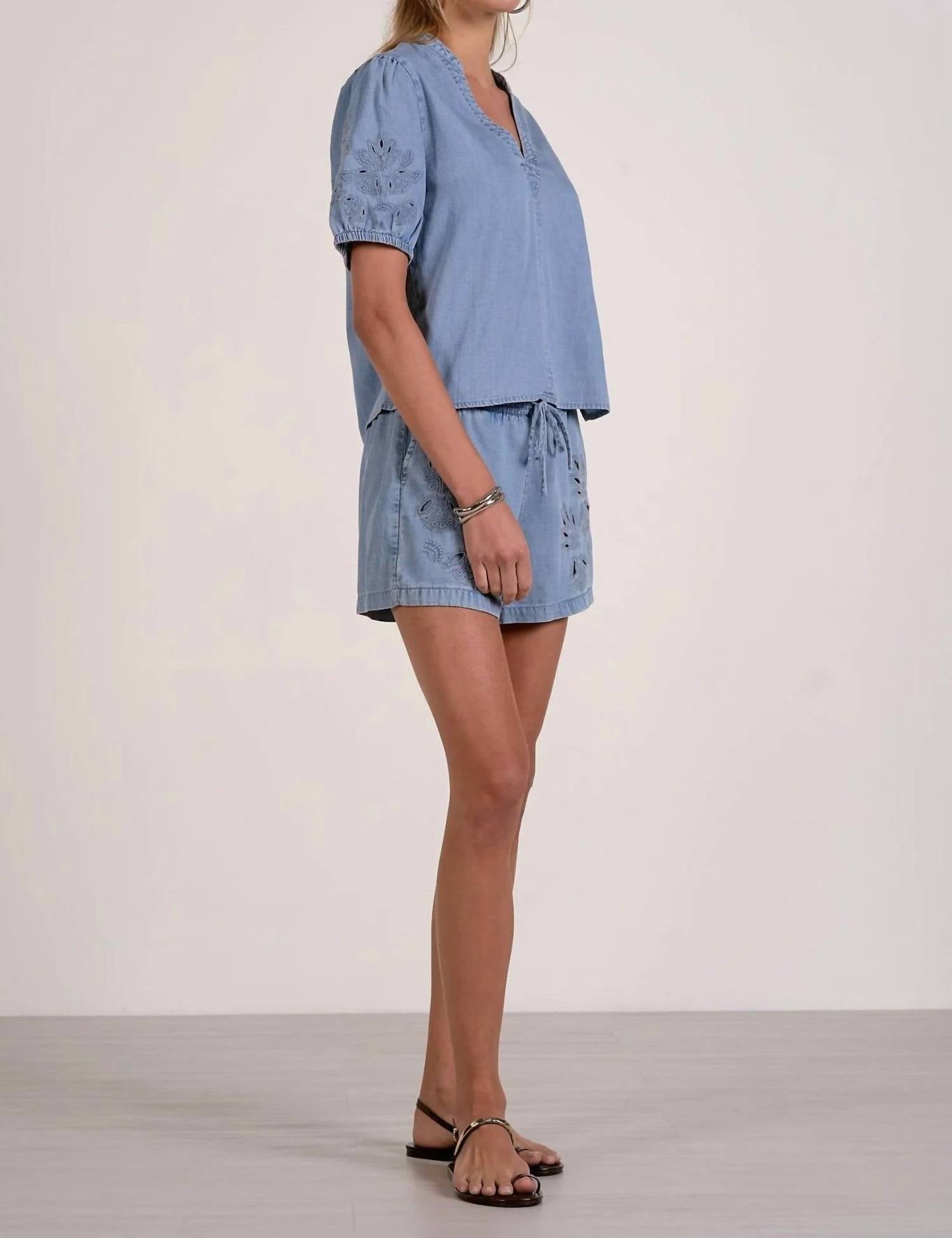 Elan - Short Sleeve Open Work Sleeves V-neck Top