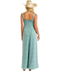 Rock & Roll Denim Smocked Sleeveless Jumpsuit in jade - women's pants - detail view