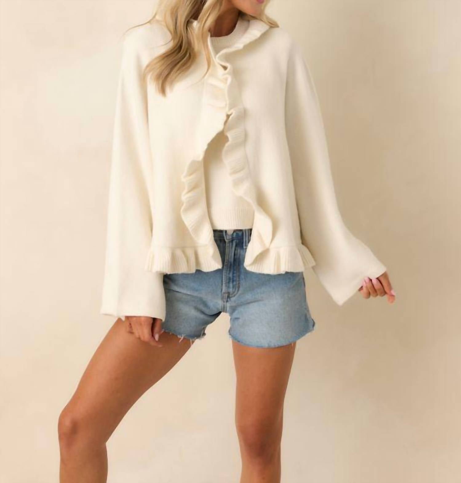 Prosperina Sabrina Ruffle Cardigan in ivory - women's cardigan - detail view