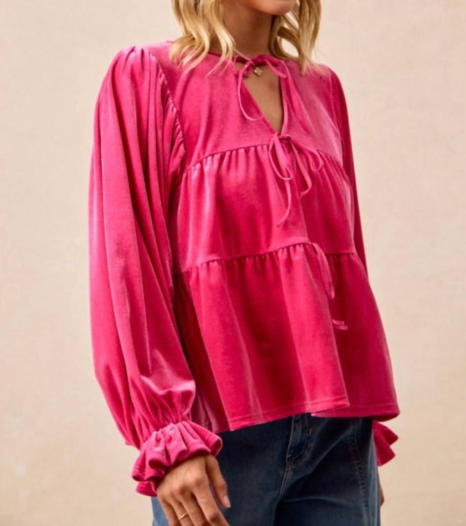 LovLov Sweetheart Velvet Bow Top in pink - women's blouse - view 4