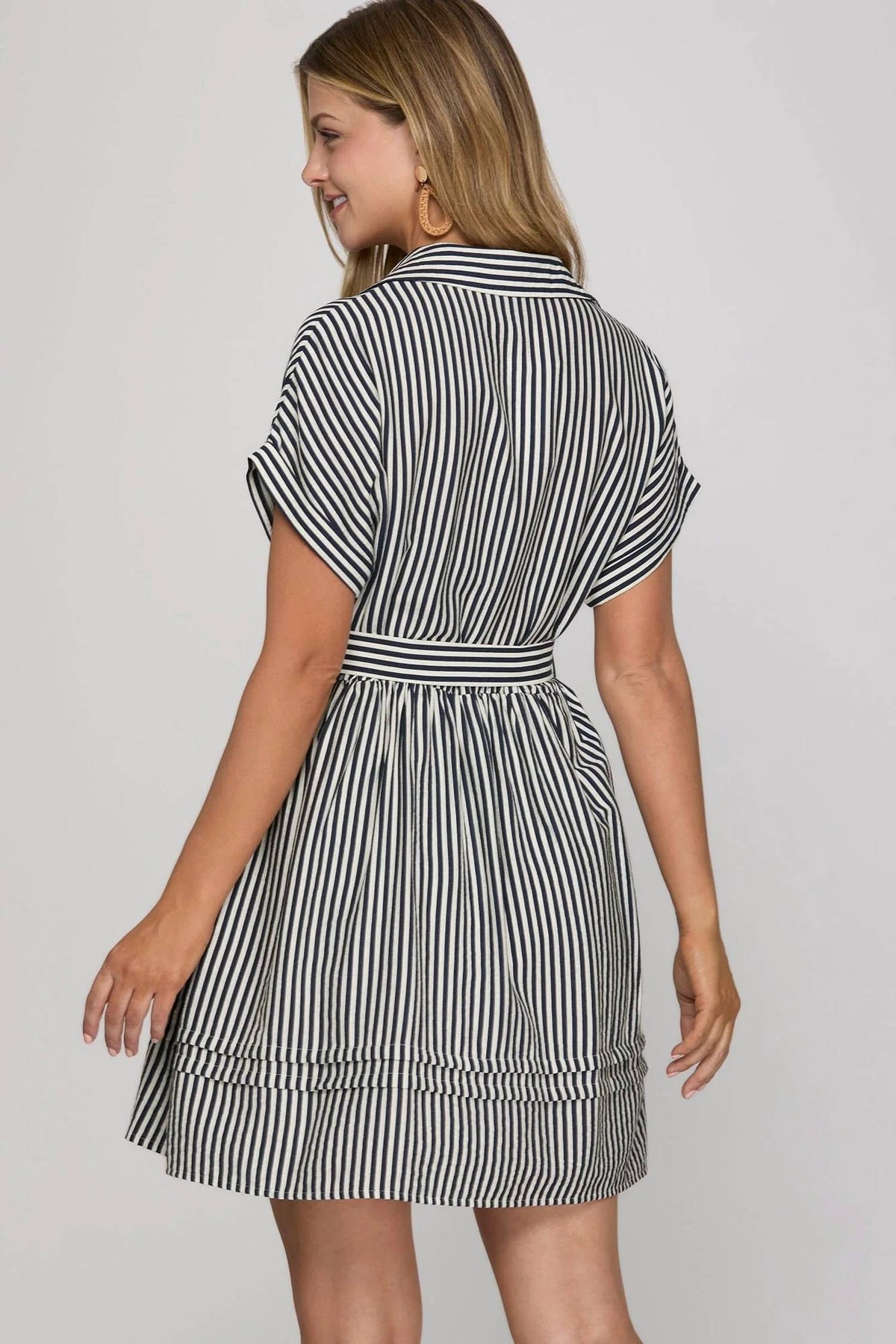 She + Sky - Drop Short Sleeve Striped Collared Button Up Dress