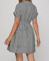 She + Sky - Drop Short Sleeve Striped Collared Button Up Dress