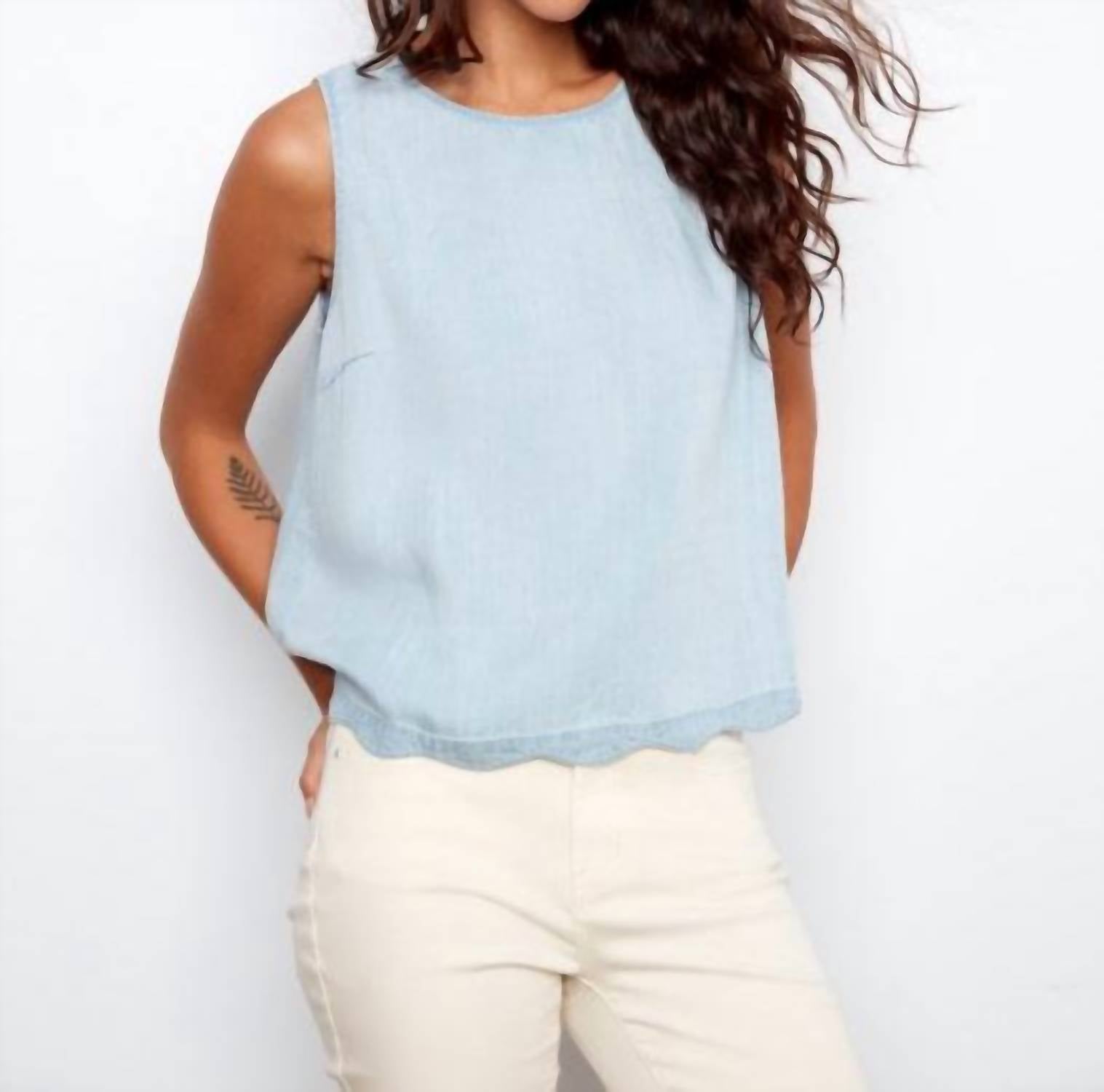 CHARLIE B Scallop Hem Sleeveless Top in light blue - women's tank top - detail view