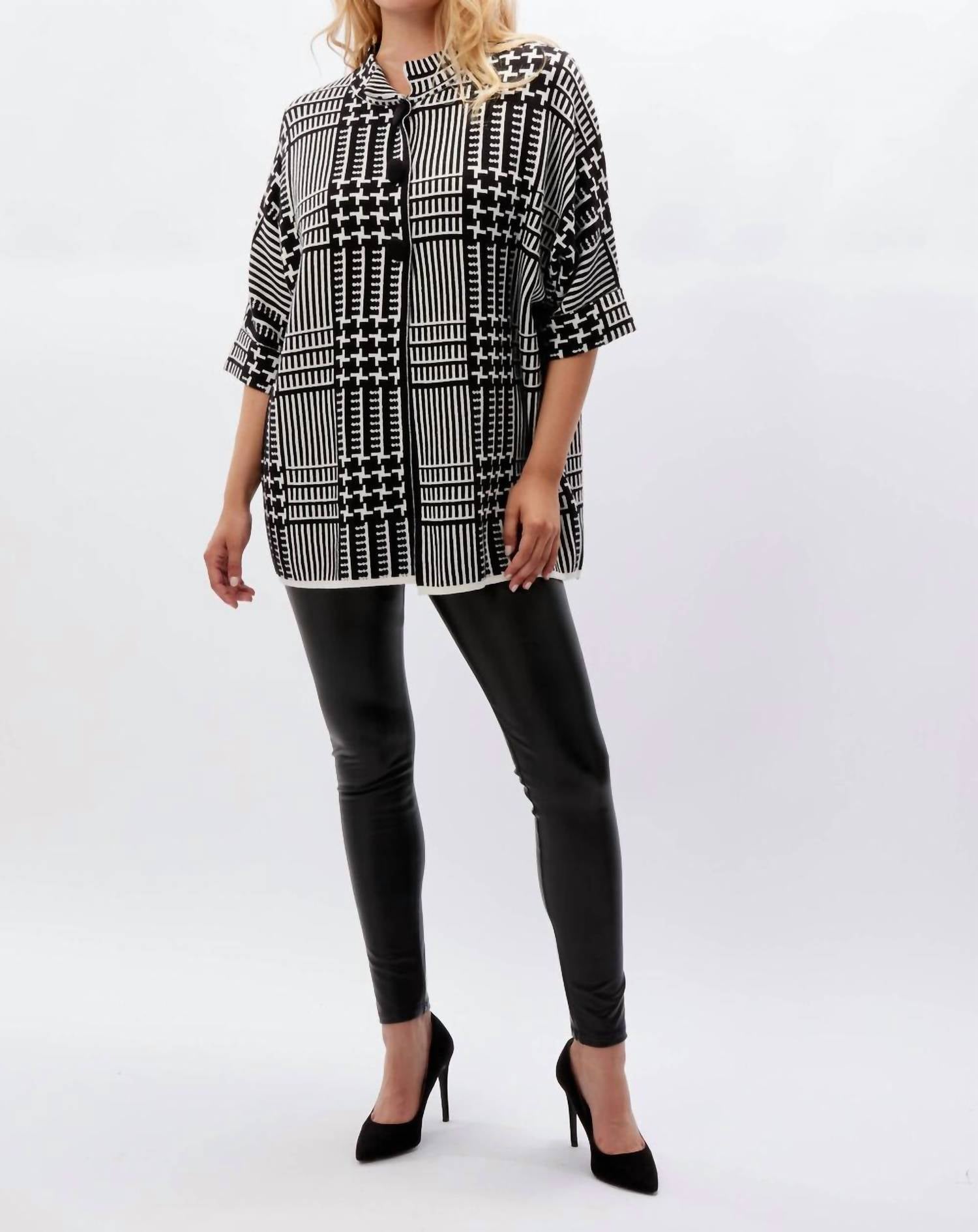 Frank Lyman Abstract Line Print Cardigan in black white - women's cardigan