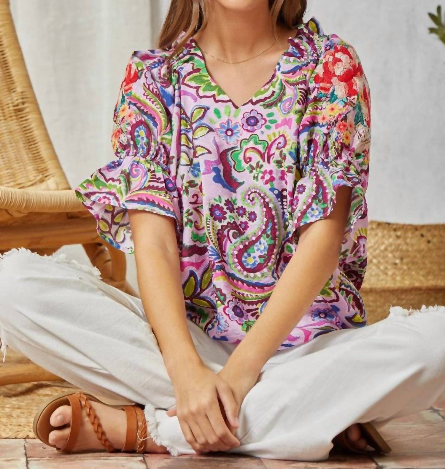 Savanna Jane - Floral Embroidery Paisley Print Blouse