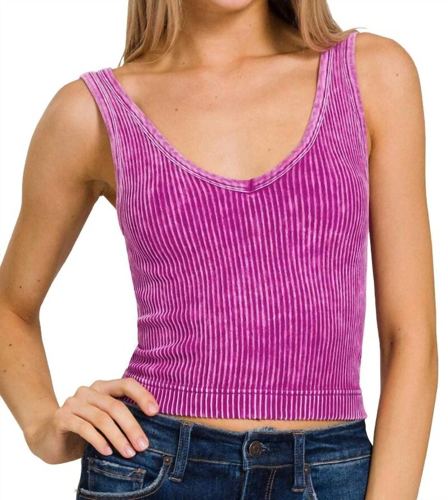 Zenana - Washed Ribbed Cropped Tank Top With 2-way Neckline