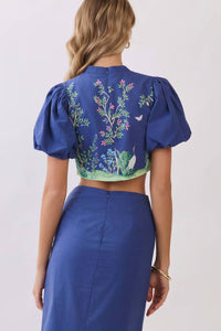 Tcec - Botanical Print Puff Sleeve Crop Top