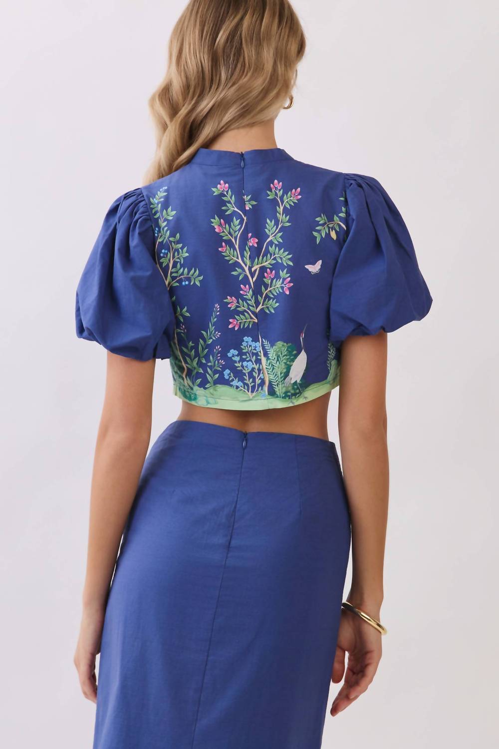 Tcec - Botanical Print Puff Sleeve Crop Top