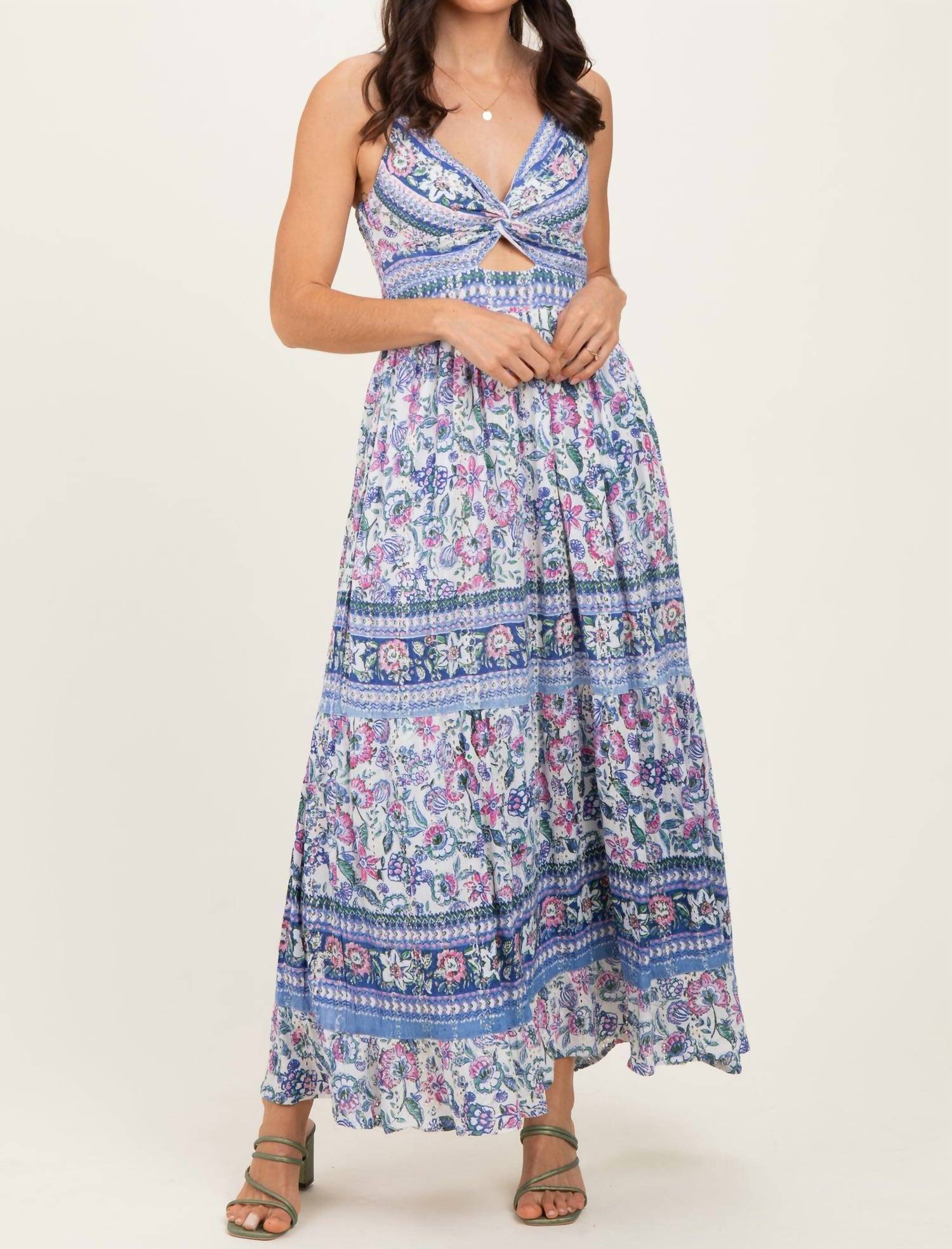 Angie - Women's V Neck Twist Front Cut Out Maxi Dress