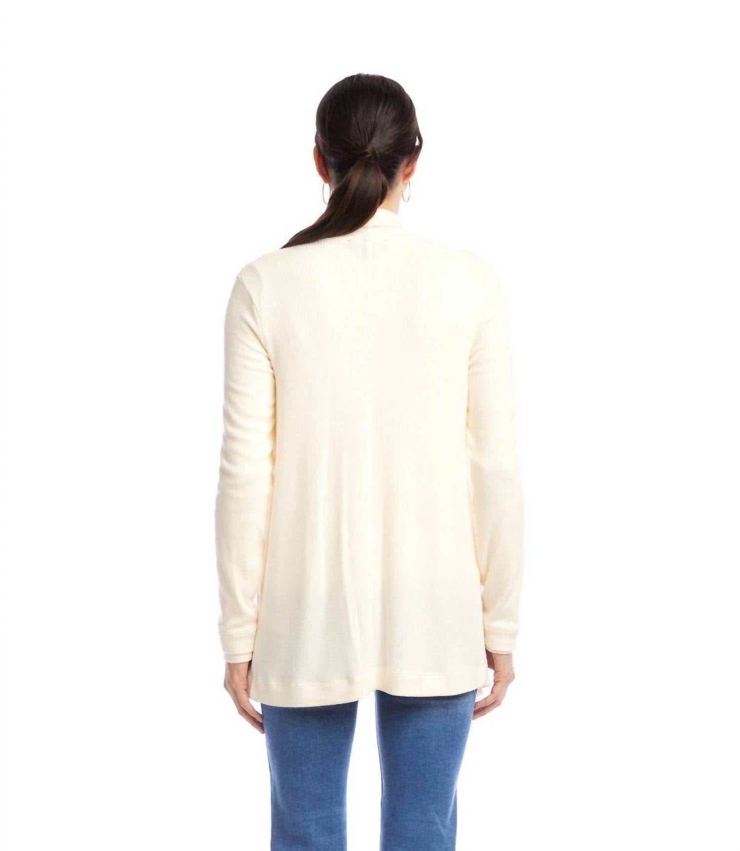 Karen Kane Long Sleeve Ribbed Drape Front Cardigan - Petite in dark cream - women's cardigan - view 4