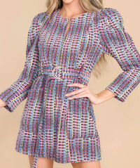 Queen Of Sparkles - Denim Tweed Poof Sleeve Dress