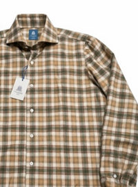 Finamore Men's Napoli Llong Sleeve Button Down Shirt in brown green plaid - men's shirt - detail view