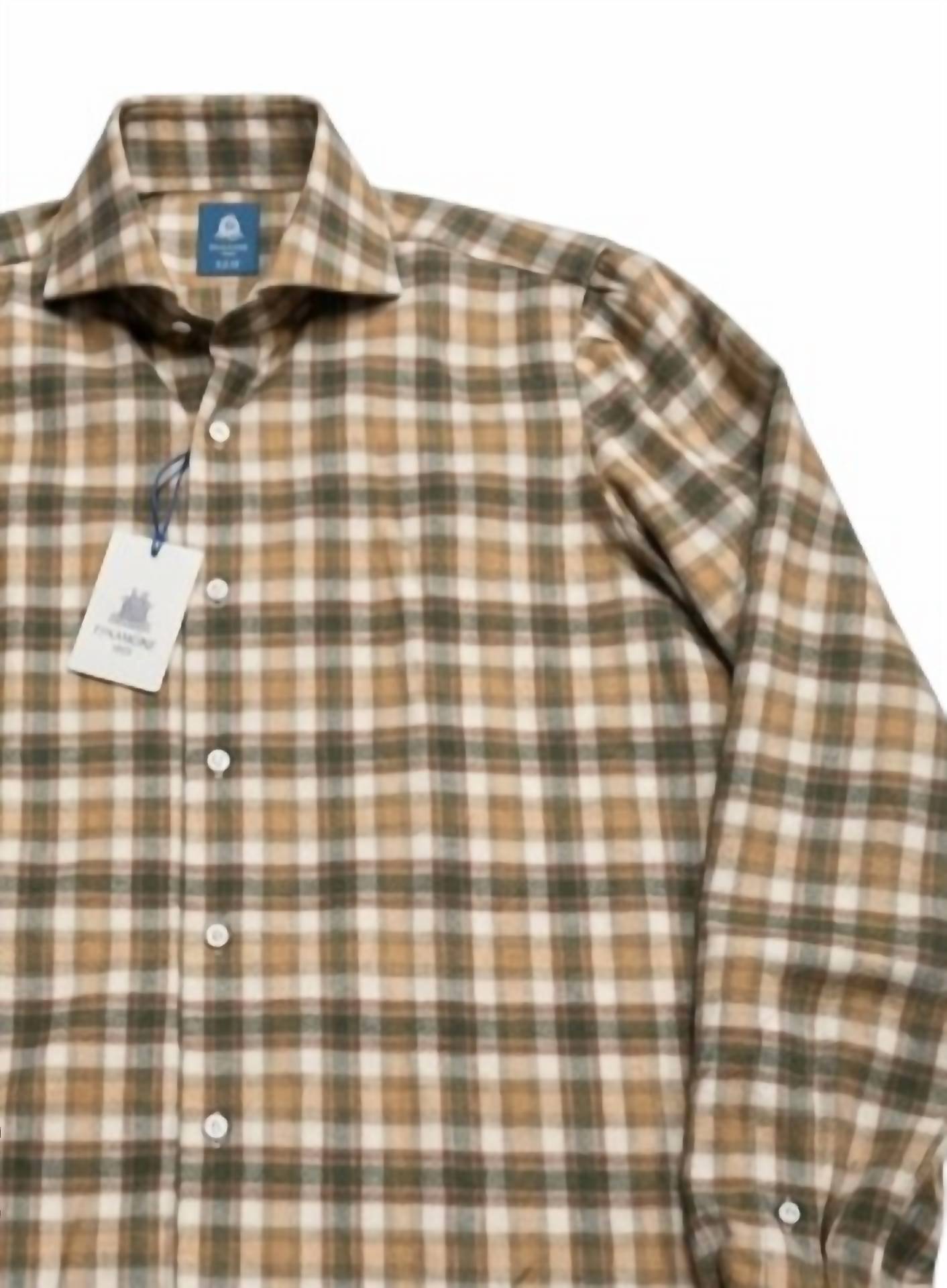 Finamore Men's Napoli Llong Sleeve Button Down Shirt in brown green plaid - men's shirt - detail view