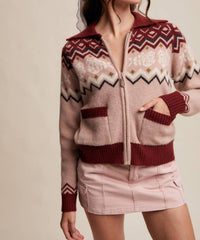 Listicle Retro Floral Knit Zip Up Cardigan in burgundy multi - women's cardigan - view 5
